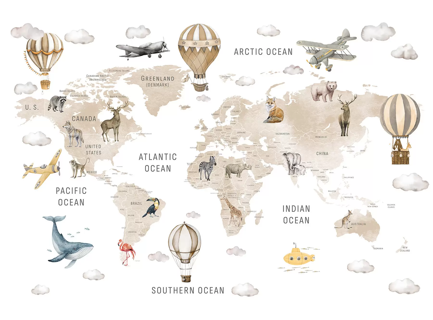 τοιχογραφίες Παιδικός χάρτης σε στυλ ακουαρέλας με ζώα και αερόστατα. Αγγλική γλώσσα. Μπεζ χρώμα c00001env2