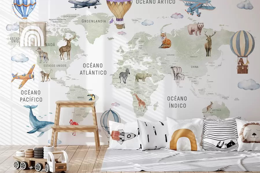 τοιχογραφίες Παιδικός χάρτης σε στυλ ακουαρέλας με ζώα και αερόστατα. Ισπανική γλώσσα. Πράσινο χρώμα. c00001es