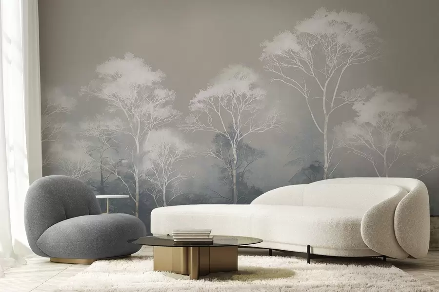 τοιχογραφίες Μινιμαλιστικά δέντρα σε μπλε-γκρι παλέτα, μέσα στην ομίχλη w09448