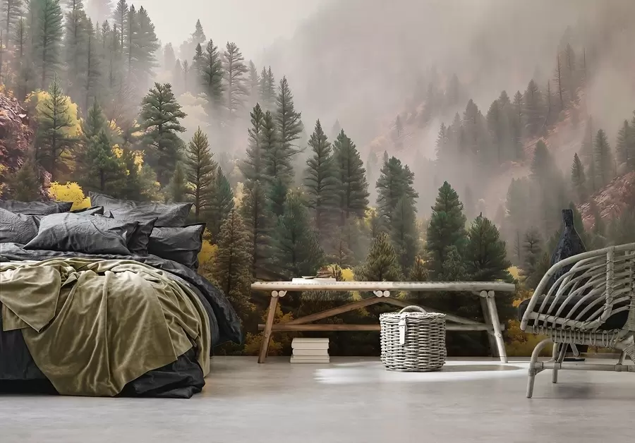 τοιχογραφίες Ατμοσφαιρικό ομιχλώδες πευκοδάσος στα βουνά w09463