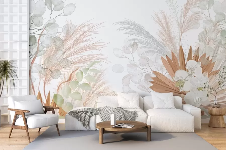 τοιχογραφίες Χόρτο πάμπας, ευκάλυπτος, τροπικά φύλλα και ορχιδέες σε λευκό φόντο, παστέλ χρώματα w09366