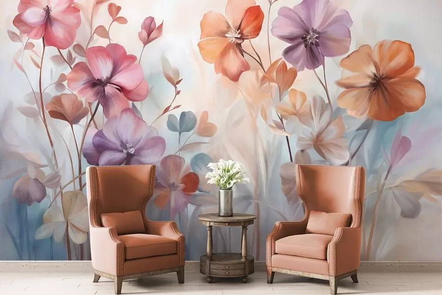 Τοιχογραφίες Υφασμάτινη ανθοσύνθεση με ροζ, μοβ και πορτοκαλί λουλούδια με πράσινα στελέχη και φύλλα, απαλά παστέλ χρώματα w09486 αγοράζουν Ηνωμένο Βασίλειο - Uwalls.gr τοιχογραφίες Υφασμάτινη ανθοσύνθεση με ροζ, μοβ και πορτοκαλί λουλούδια με πράσινα στελέχη και φύλλα, απαλά παστέλ χρώματα w09486