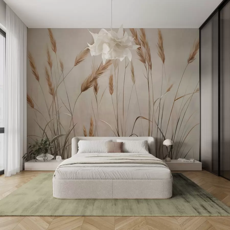 τοιχογραφίες Αγρός με σιτάρι με κίτρινα στάχυα, μπεζ φόντο, φυσικός φωτισμός, ζεστοί τόνοι, λεπτομερείς πινελιές w09493