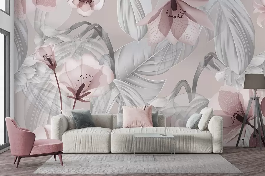 τοιχογραφίες Ροζ λουλούδια και γκρι φύλλα, φόντο με λουλούδια, κομψό σχέδιο, απαλά χρώματα, ελαφριές λεπτομέρειες w09497