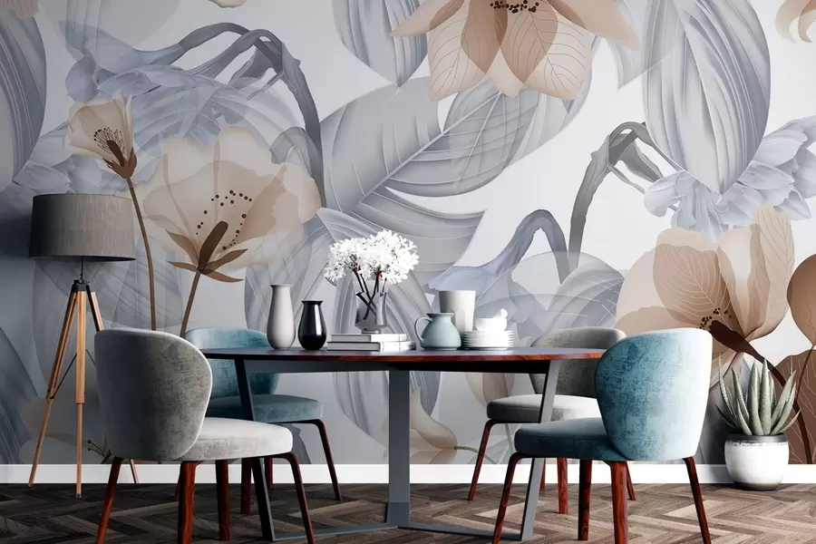 τοιχογραφίες Καφέ λουλούδια και γκρι φύλλα, φόντο με βοτανικά μοτίβα, κομψό σχέδιο, απαλά χρώματα, ελαφριές λεπτομέρειες w09497v1