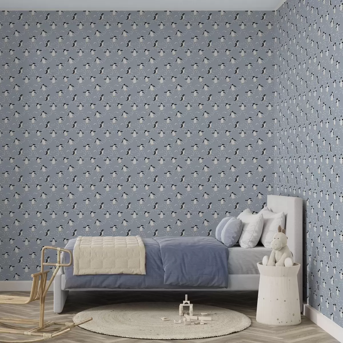 Ταπετσαρία Πιγκουίνοι σε γκρι-μπλε φόντο με αποτυπώματα a00655 Ταπετσαρία Πιγκουίνοι σε γκρι-μπλε φόντο με αποτυπώματα a00655