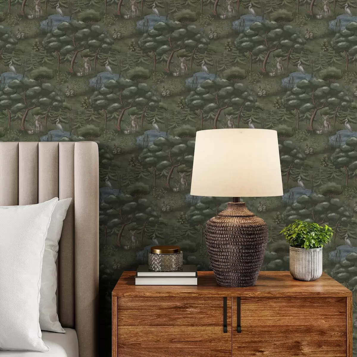 Ταπετσαρία Δασική ξέφωτο με ελαφάκια, κουνέλια και ερωδιούς a00680