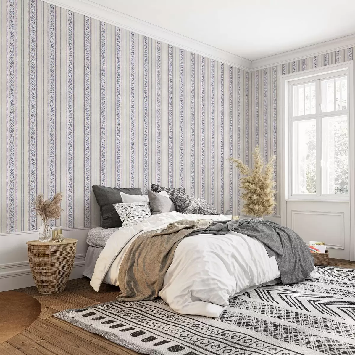 Ταπετσαρία Κάθετες ρίγες με γιρλάντες λεβάντας, μπεζ φόντο a00813v1