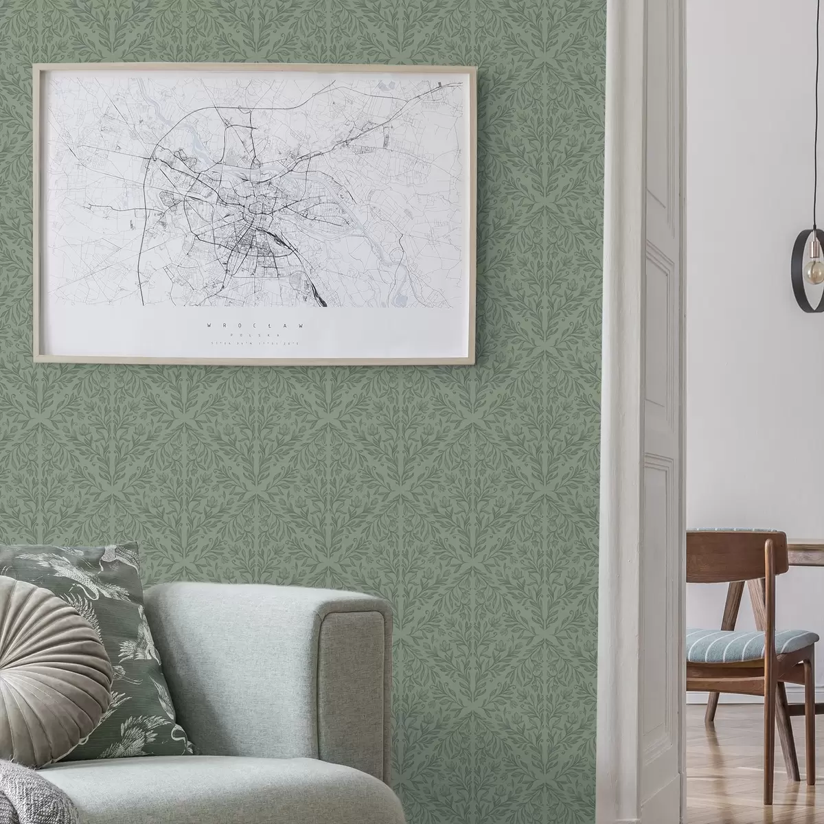 Ταπετσαρία Λεπτό βοτανικό δαμασκηνό σε απαλό πράσινο χρώμα a00815v1