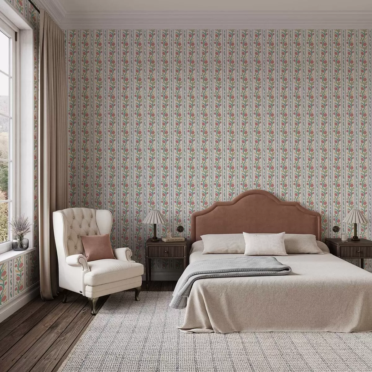 Ταπετσαρία Κάθετες ρίγες με κοραλλένια λουλούδια και τυρκουάζ φύλλα a00816