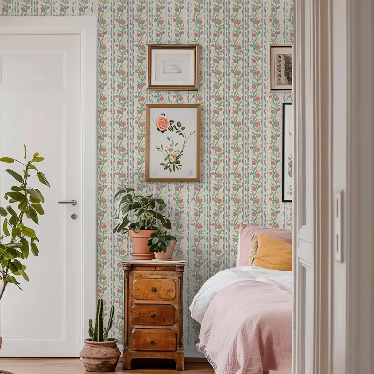 Ταπετσαρία Ρίγες με κοραλλένια μπουμπούκια σε ανοιχτό κρεμ φόντο a00816v1 Ταπετσαρία Ρίγες με κοραλλένια μπουμπούκια σε ανοιχτό κρεμ φόντο a00816v1