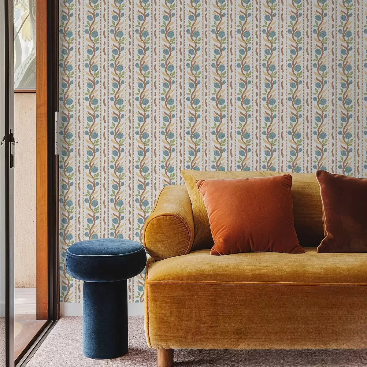 Ταπετσαρία Κάθετες ρίγες με μπλε λουλούδια a00816v2 Ταπετσαρία Κάθετες ρίγες με μπλε λουλούδια a00816v2