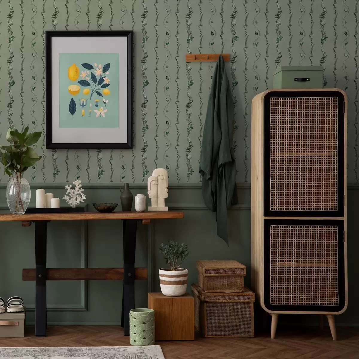 Ταπετσαρία Κάθετα κλήματα και κλαδιά σε απαλό πράσινο χρώμα a00817v1 Ταπετσαρία Κάθετα κλήματα και κλαδιά σε απαλό πράσινο χρώμα a00817v1