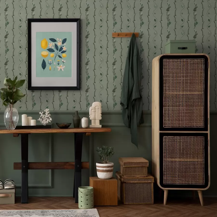 τοιχογραφίες Κάθετα κλήματα και κλαδιά σε απαλό πράσινο χρώμα a00817v1