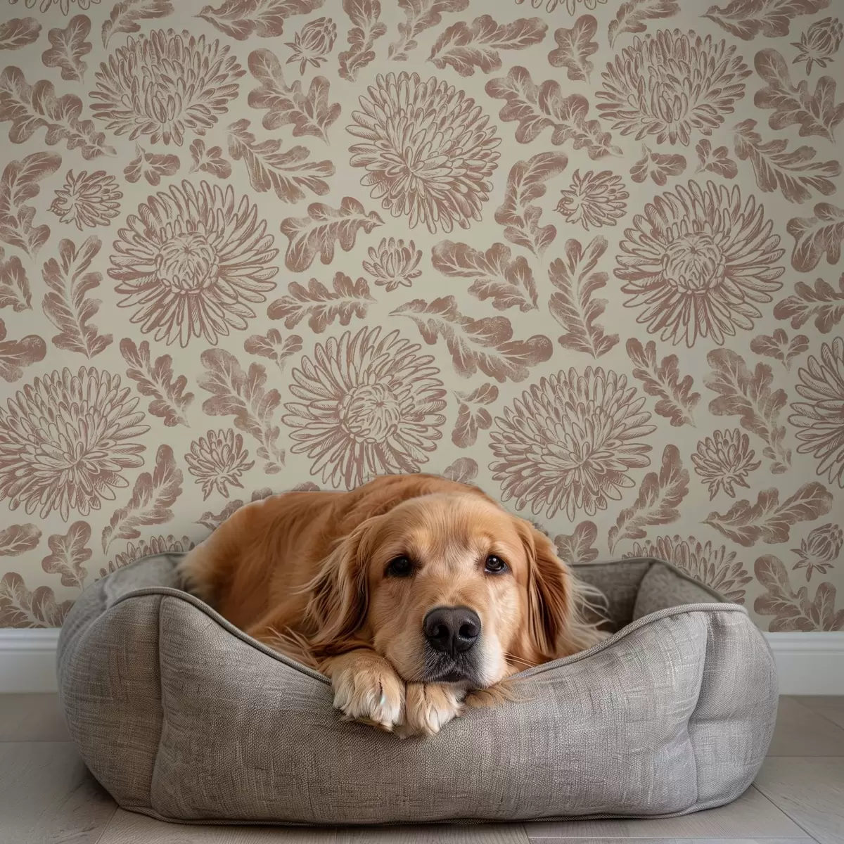 Ταπετσαρία Χρυσάνθεμα και φύλλα βελανιδιάς σε απαλό μπεζ-καφέ χρώμα a00840
