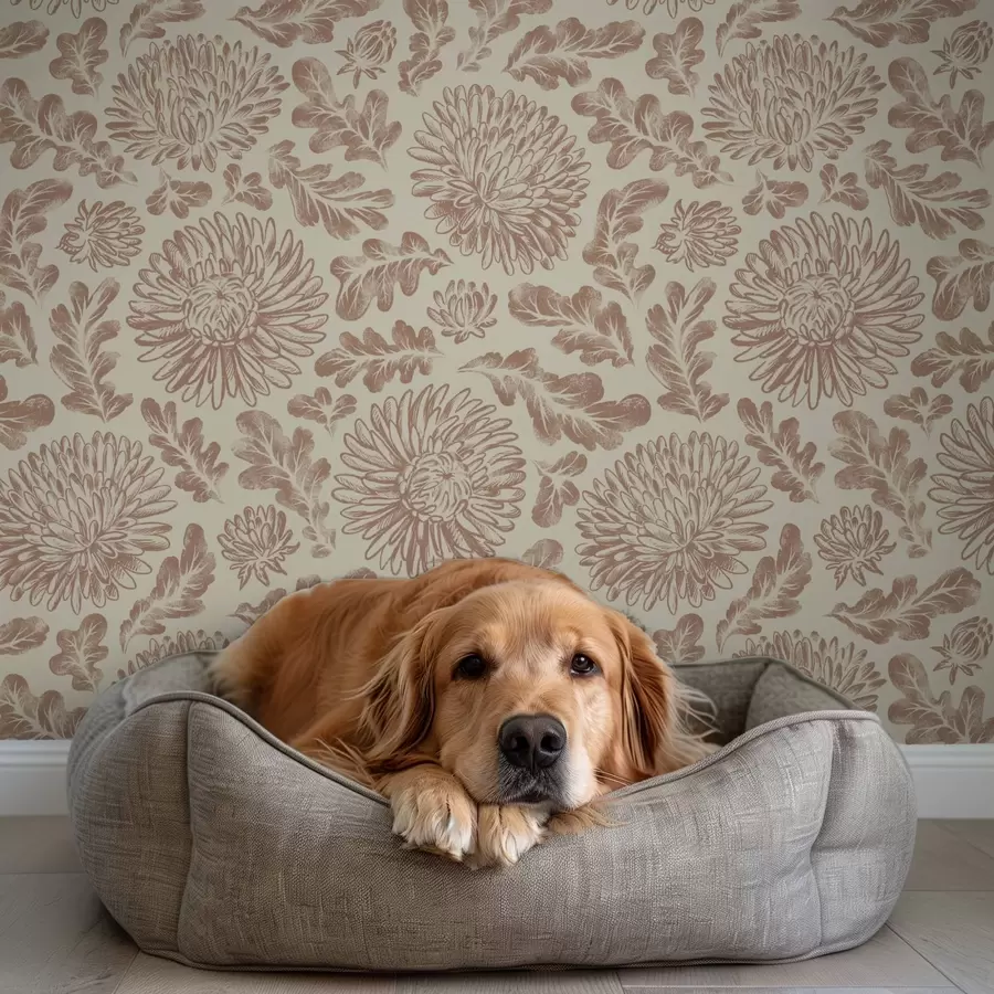 τοιχογραφίες Χρυσάνθεμα και φύλλα βελανιδιάς σε απαλό μπεζ-καφέ χρώμα a00840