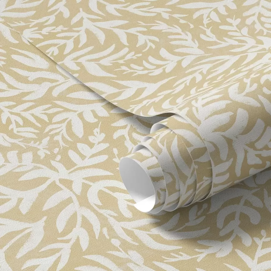 τοιχογραφίες Λευκό μοτίβο φύλλων σε ζεστό χρώμα ώχρας, στροβιλιστικός ρυθμός a00845