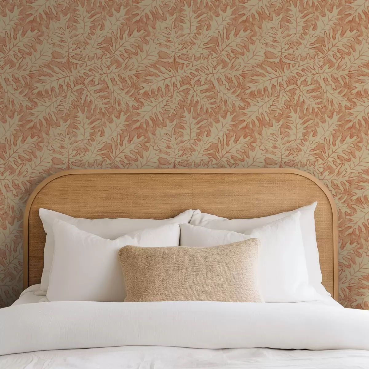 Ταπετσαρία Μεγάλα φύλλα βελανιδιάς σε τερακότα σε κρεμ χρώμα a00846