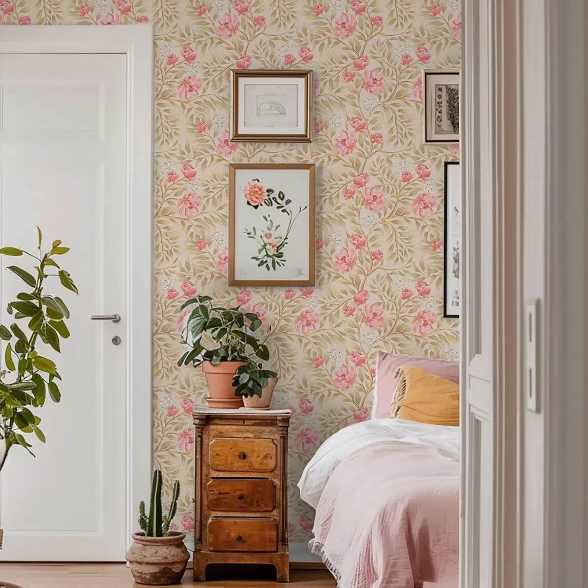 Ταπετσαρία Ροζ λουλούδια, λευκά άνθη και φύλλωμα σε αποχρώσεις της ώχρας a00855