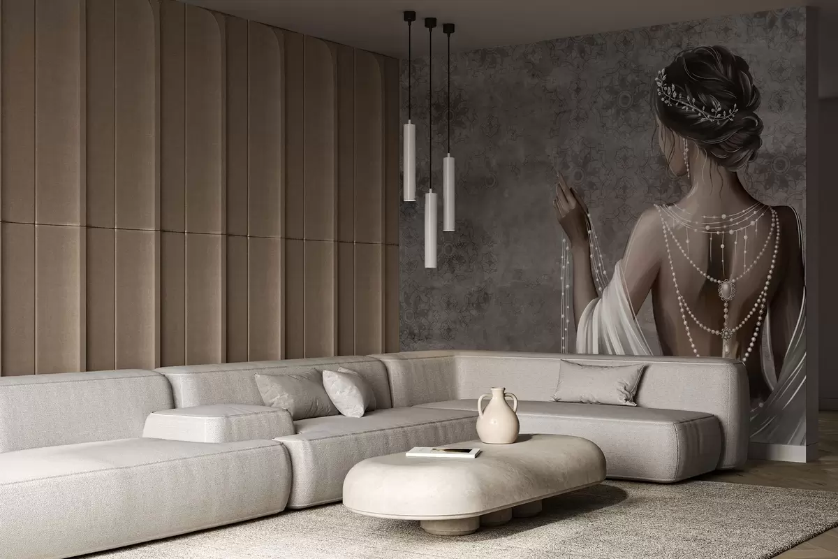 τοιχογραφίες Γυναίκα από πίσω με μαργαριτάρια, φόντο με μοτίβο γκρι πέτρας w04854