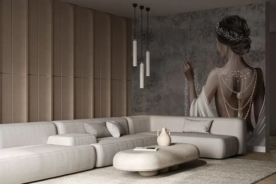 τοιχογραφίες Γυναίκα από πίσω με μαργαριτάρια, φόντο με μοτίβο γκρι πέτρας w04854