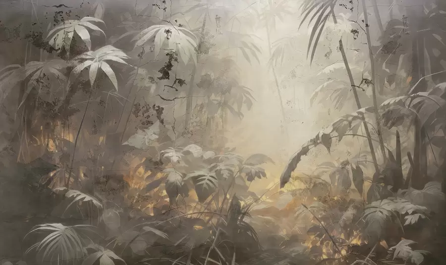 τοιχογραφίες Ζωγραφισμένη ζούγκλα πίσω από έναν γκρουγκέ τσιμεντένιο τοίχο w04833