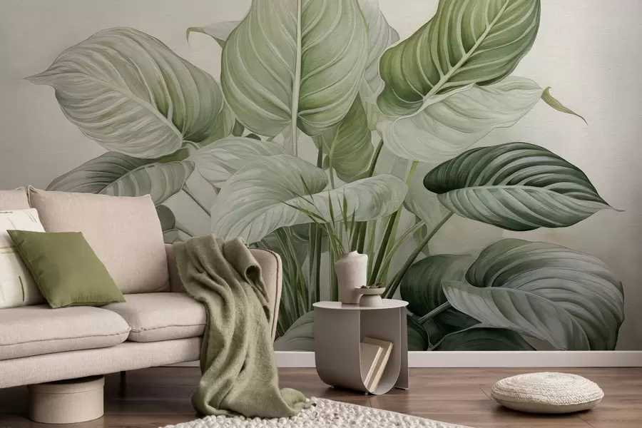 τοιχογραφίες Πλούσιος θάμνος με πράσινα φύλλα στον τοίχο w04835