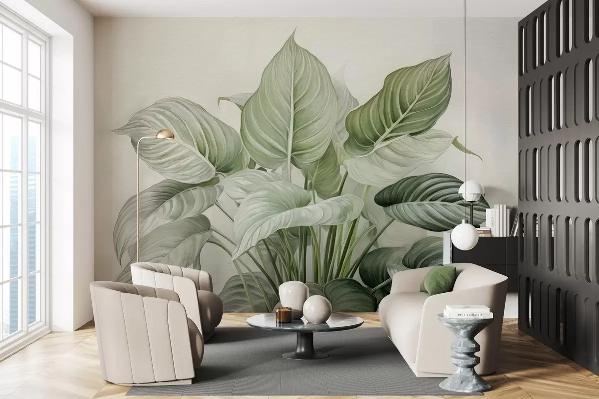 τοιχογραφίες Πλούσιος θάμνος με πράσινα φύλλα στον τοίχο w04835