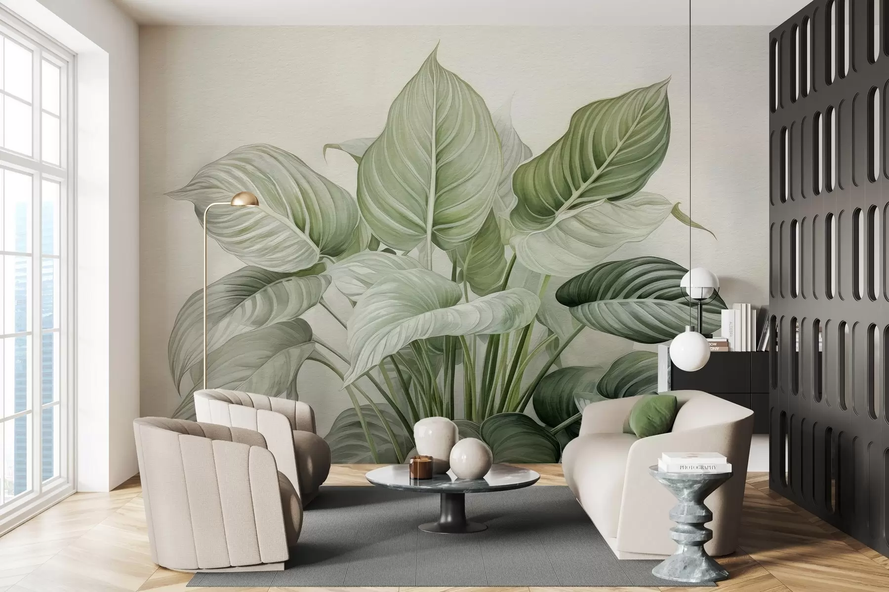 τοιχογραφίες Πλούσιος θάμνος με πράσινα φύλλα στον τοίχο w04835