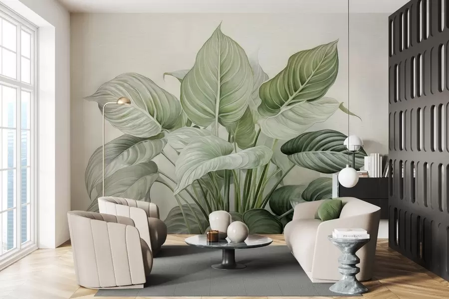 τοιχογραφίες Πλούσιος θάμνος με πράσινα φύλλα στον τοίχο w04835