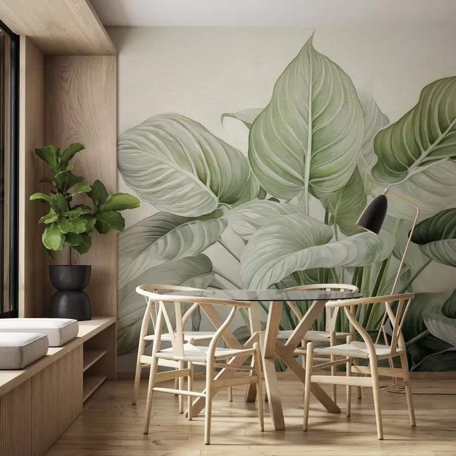 τοιχογραφίες Πλούσιος θάμνος με πράσινα φύλλα στον τοίχο w04835