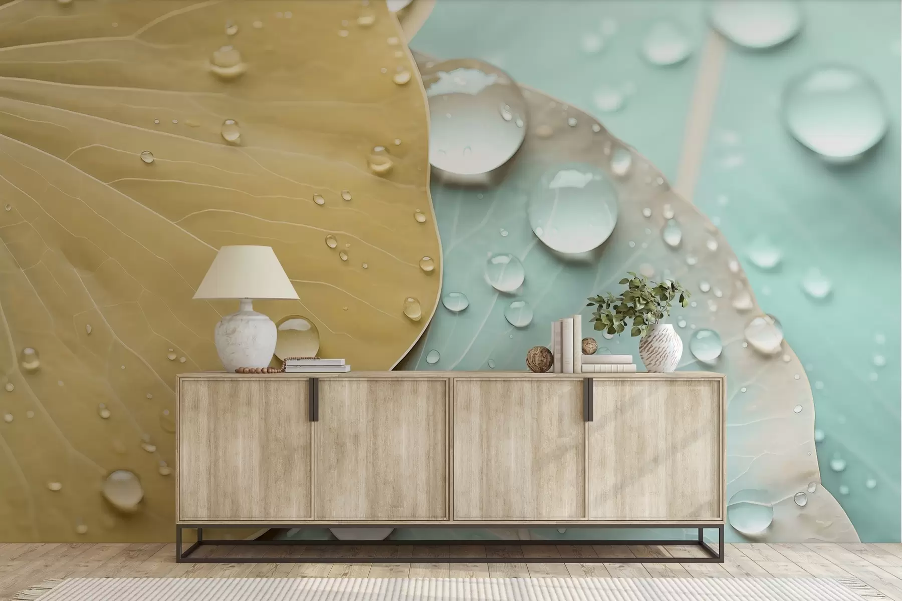 τοιχογραφίες Σταγόνες νερού στα φύλλα μακροφωτογραφία ακουαρέλα w04838v1