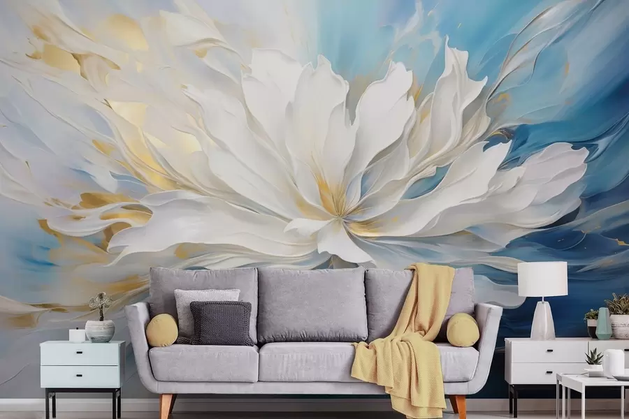 τοιχογραφίες Μεγάλη λευκή παιωνία σε στυλ ελαιογραφίας σε μπλε-κίτρινο φόντο w09511