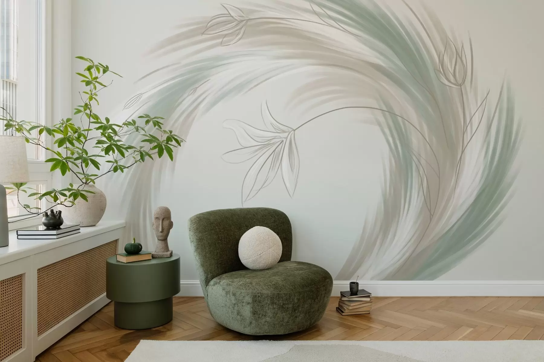 τοιχογραφίες πράσινα και μπεζ φτερά και λουλούδια, ζωγραφισμένα στο χέρι w04816