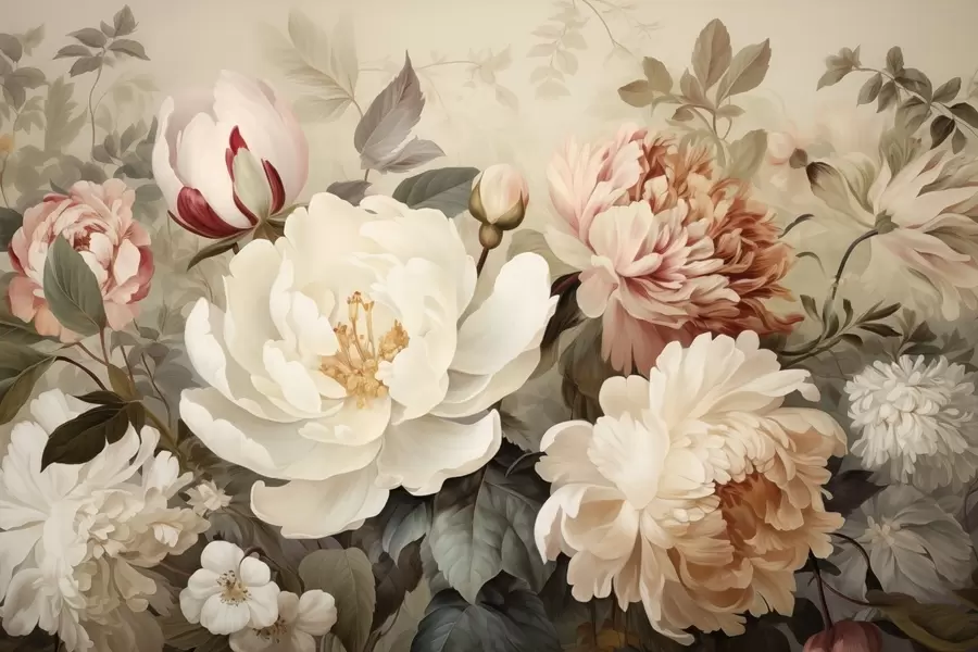 τοιχογραφίες Απαλές παιώνιες και χρυσάνθεμα σε παστέλ αποχρώσεις w09350