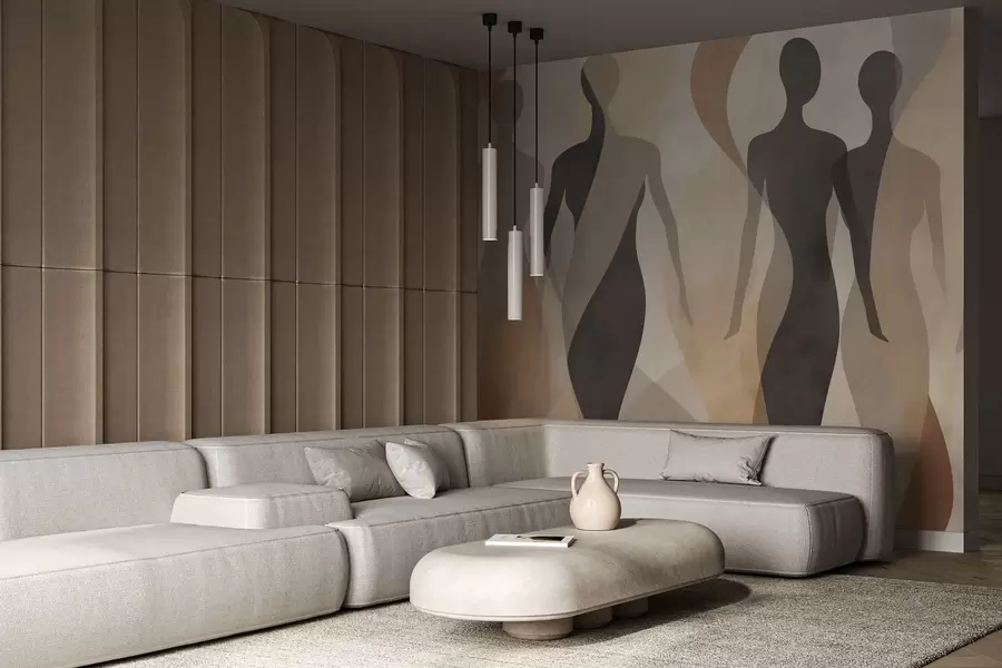τοιχογραφίες Σιλουέτες και απαλά κύματα σε ζεστούς μπεζ-γκρι τόνους w04787