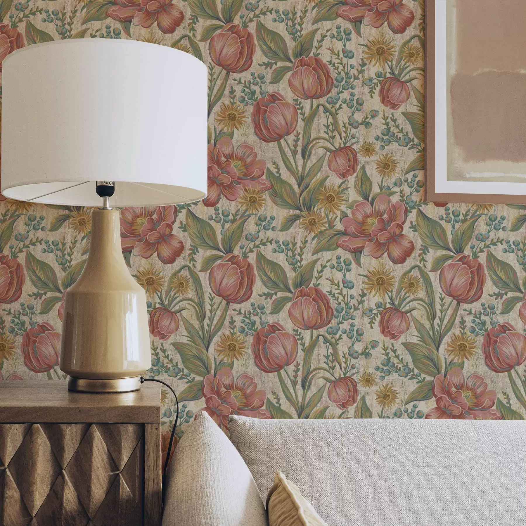 τοιχογραφίες Vintage τουλίπες και αστέρια, κρεμ χρώμα με υφή a00773