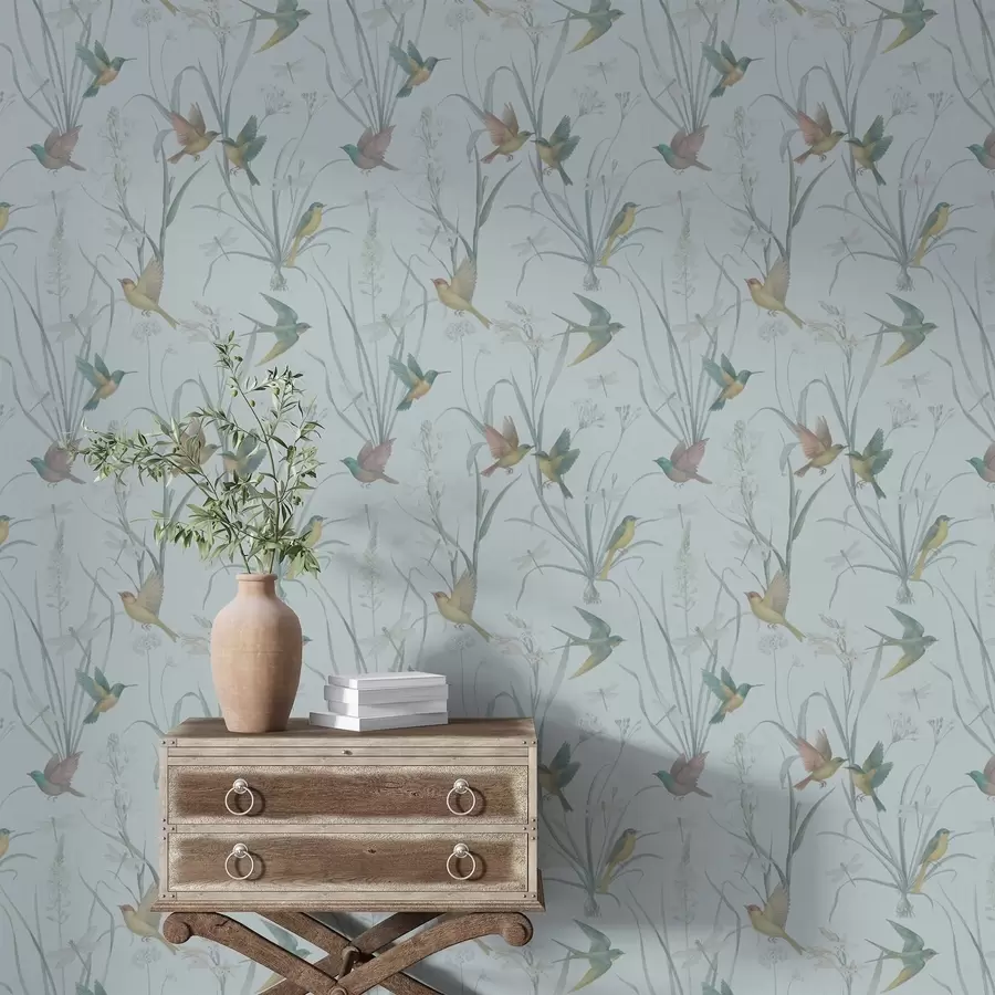 τοιχογραφίες Πουλιά ανάμεσα στα χόρτα του λιβαδιού σε γκρι-μπλε φόντο a00776