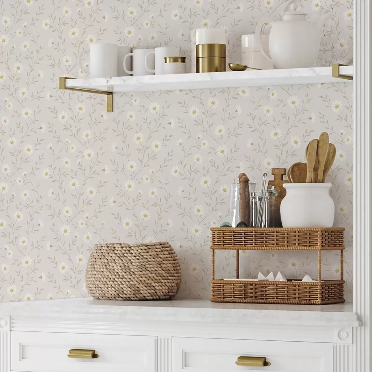 Ταπετσαρία Μικρές μαργαρίτες σε κλαδιά, ζεστό μπεζ a00777