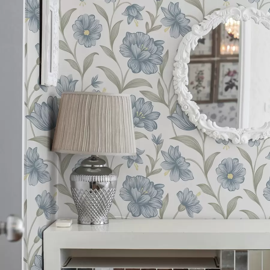 τοιχογραφίες Σκουριασμένα μπλε λουλούδια με φύλλα ελιάς σε λευκό φόντο a00780