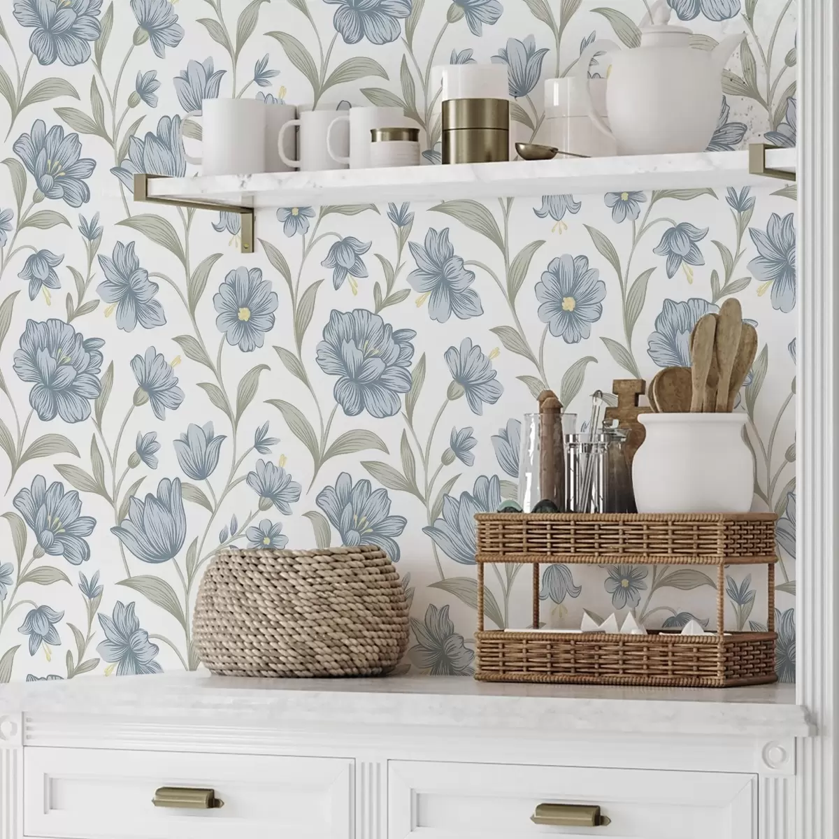 Ταπετσαρία Σκουριασμένα μπλε λουλούδια με φύλλα ελιάς σε λευκό φόντο a00780