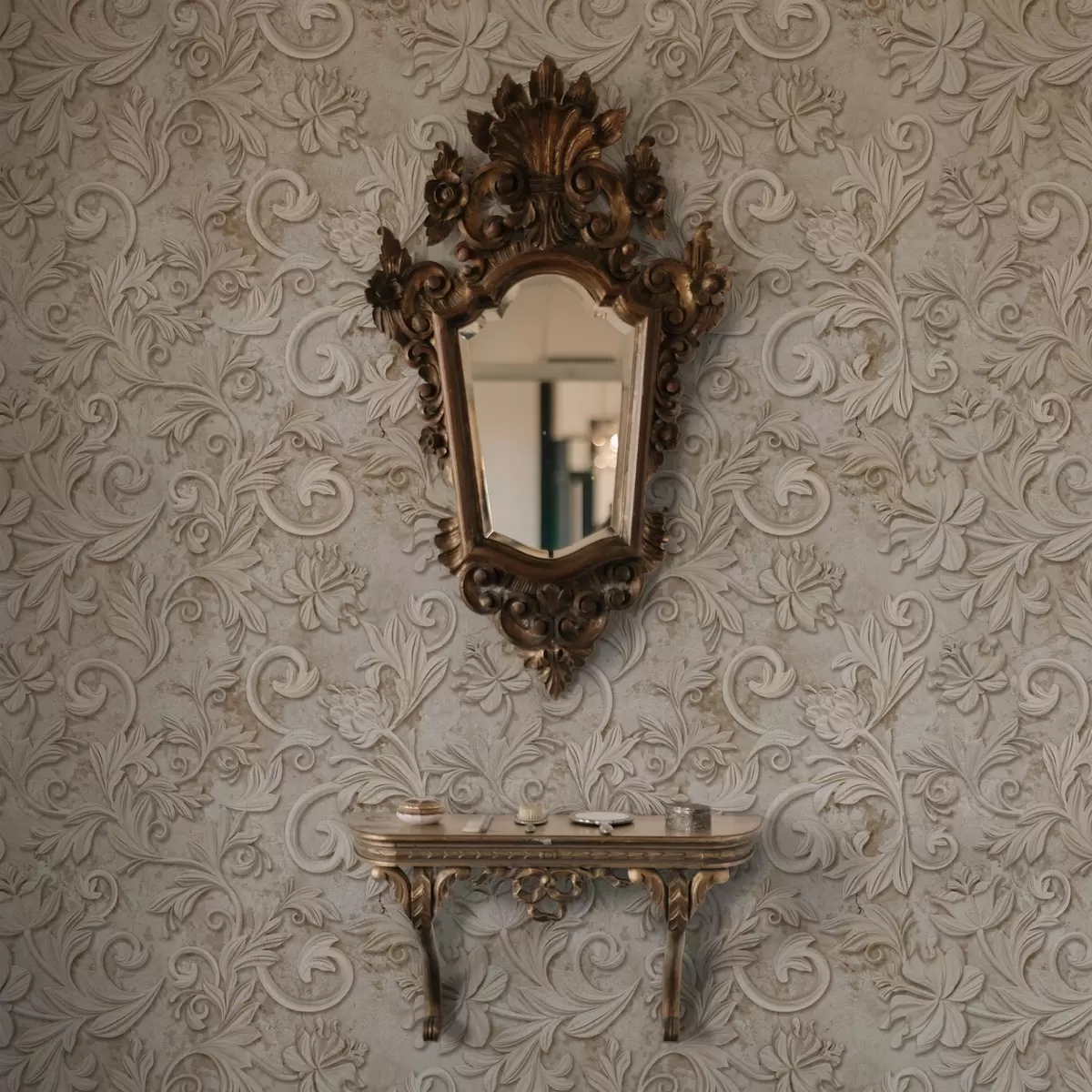 Ταπετσαρία Πέτρινο ανάγλυφο με φυτικά μοτίβα, vintage μπεζ a00784