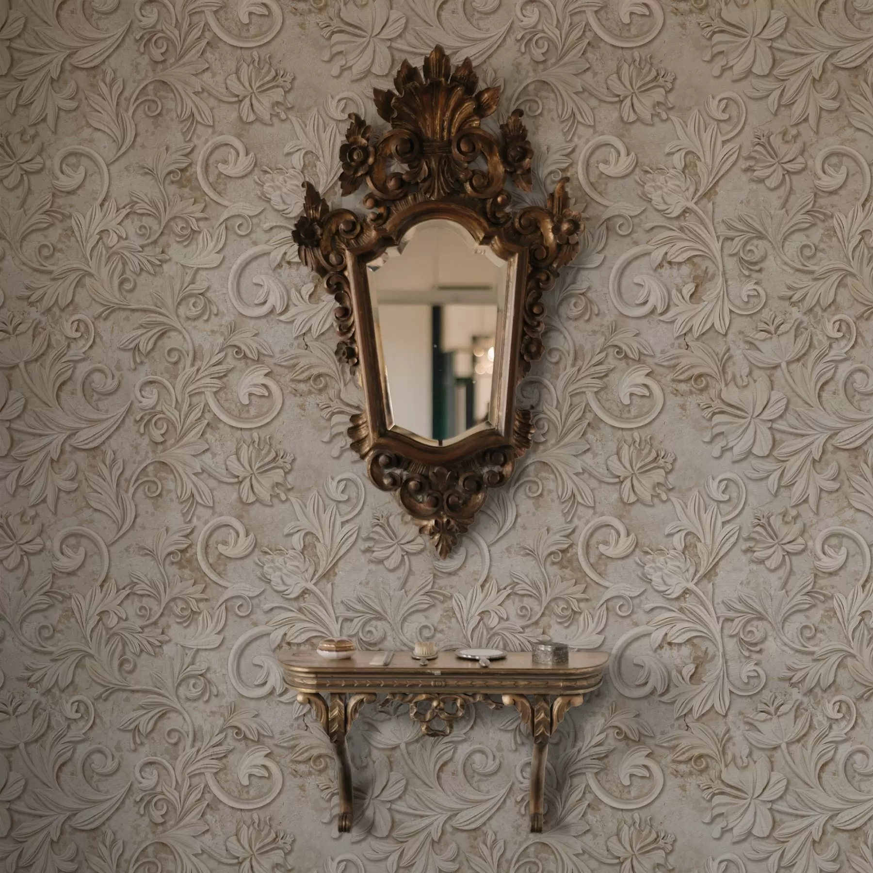 τοιχογραφίες Πέτρινο ανάγλυφο με φυτικά μοτίβα, vintage μπεζ a00784