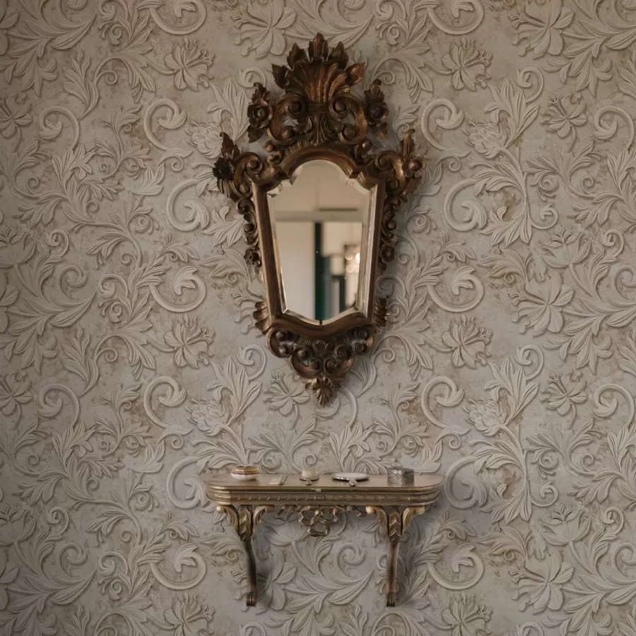 τοιχογραφίες Πέτρινο ανάγλυφο με φυτικά μοτίβα, vintage μπεζ a00784