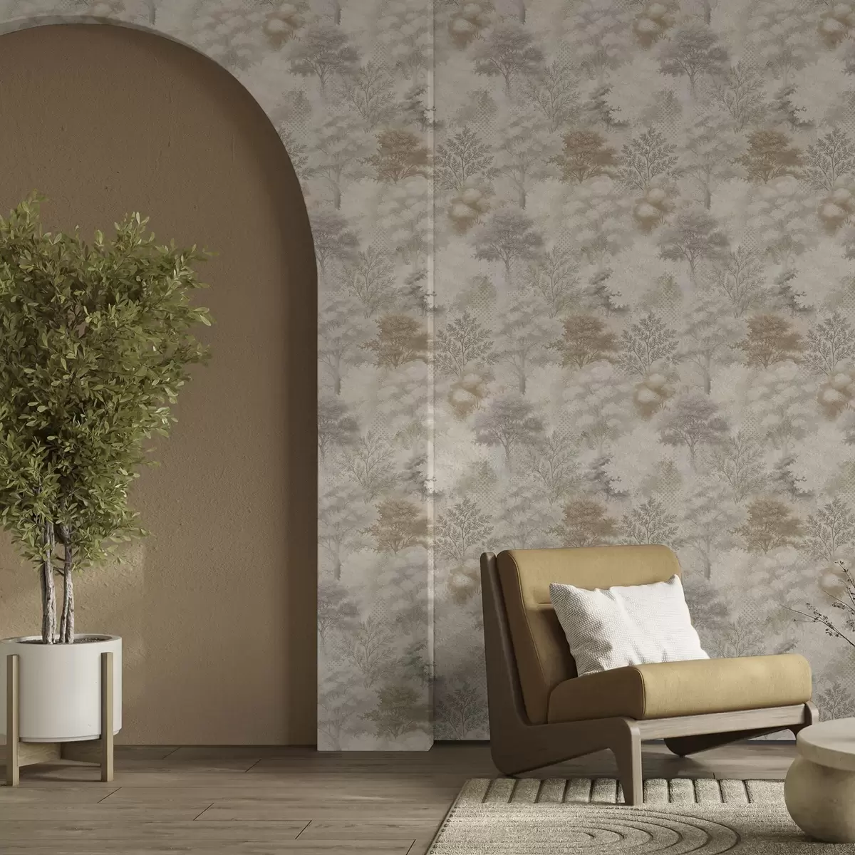 Ταπετσαρία Απαλό δάσος στην ομίχλη, απαλοί μπεζ-γκρι τόνοι a00785