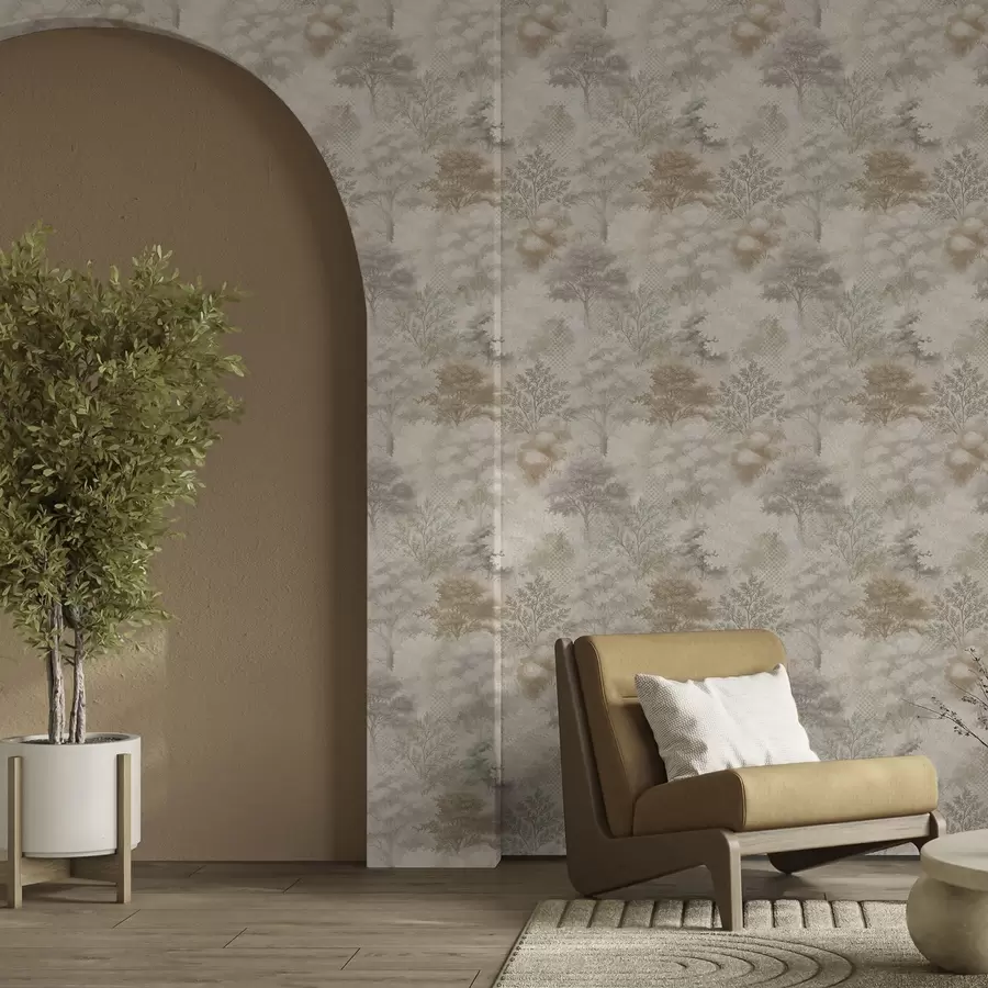 τοιχογραφίες Απαλό δάσος στην ομίχλη, απαλοί μπεζ-γκρι τόνοι a00785
