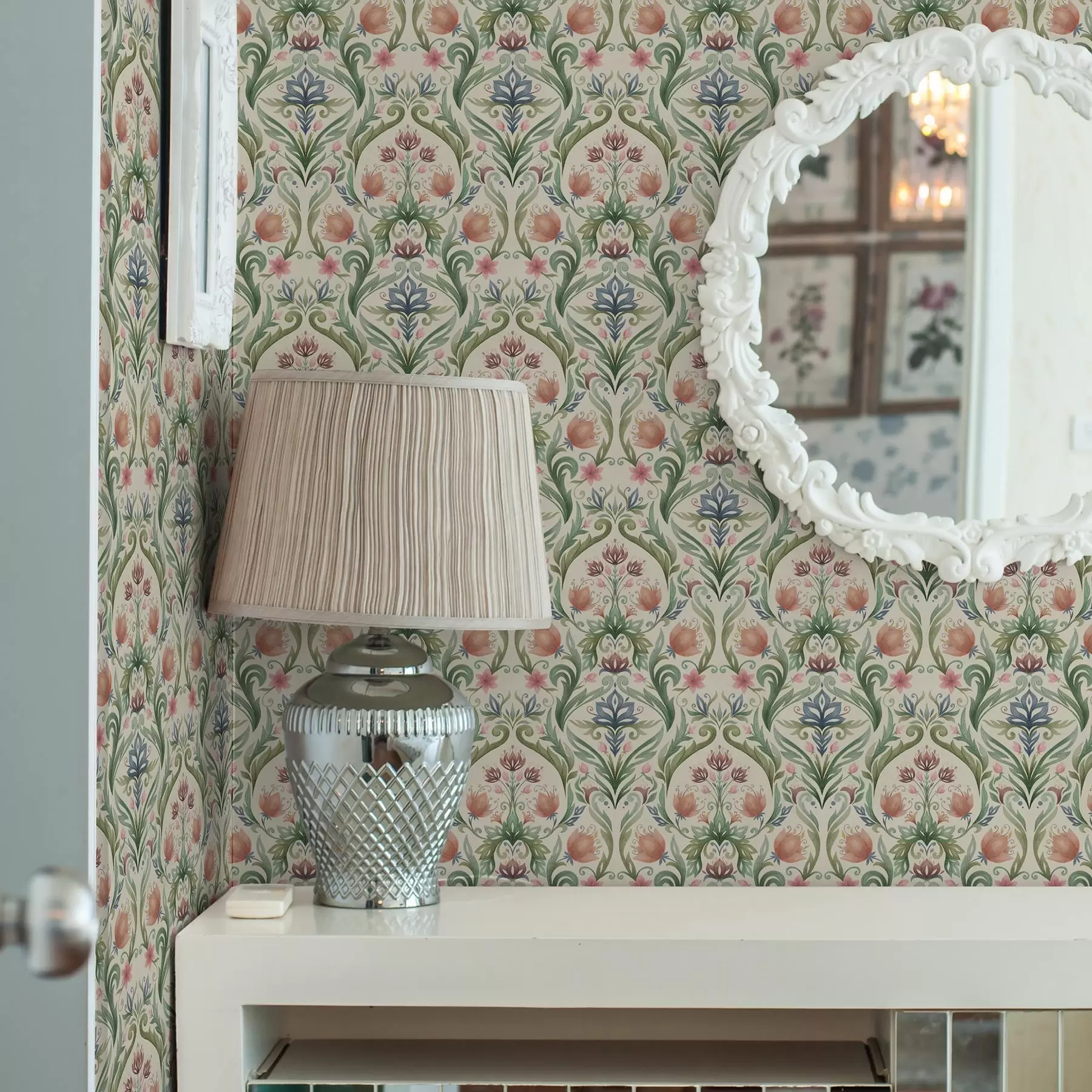 τοιχογραφίες Συμμετρικό floral μοτίβο, τερακότα και πράσινο a00827