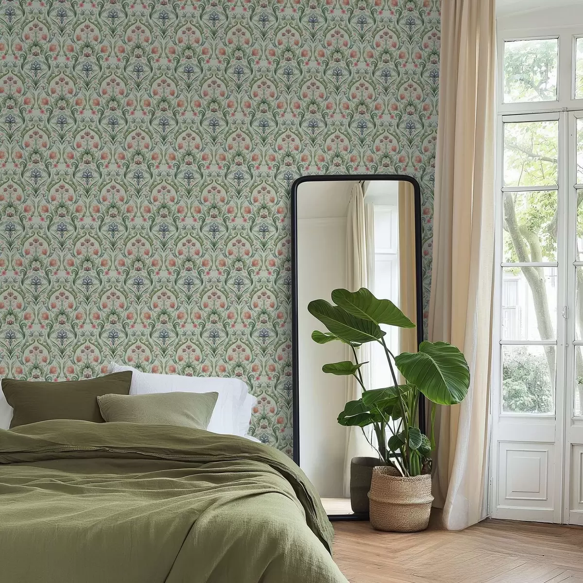 Ταπετσαρία Συμμετρικό floral μοτίβο, παλέτα χρωμάτων μέντας-κρέμας a00827v1