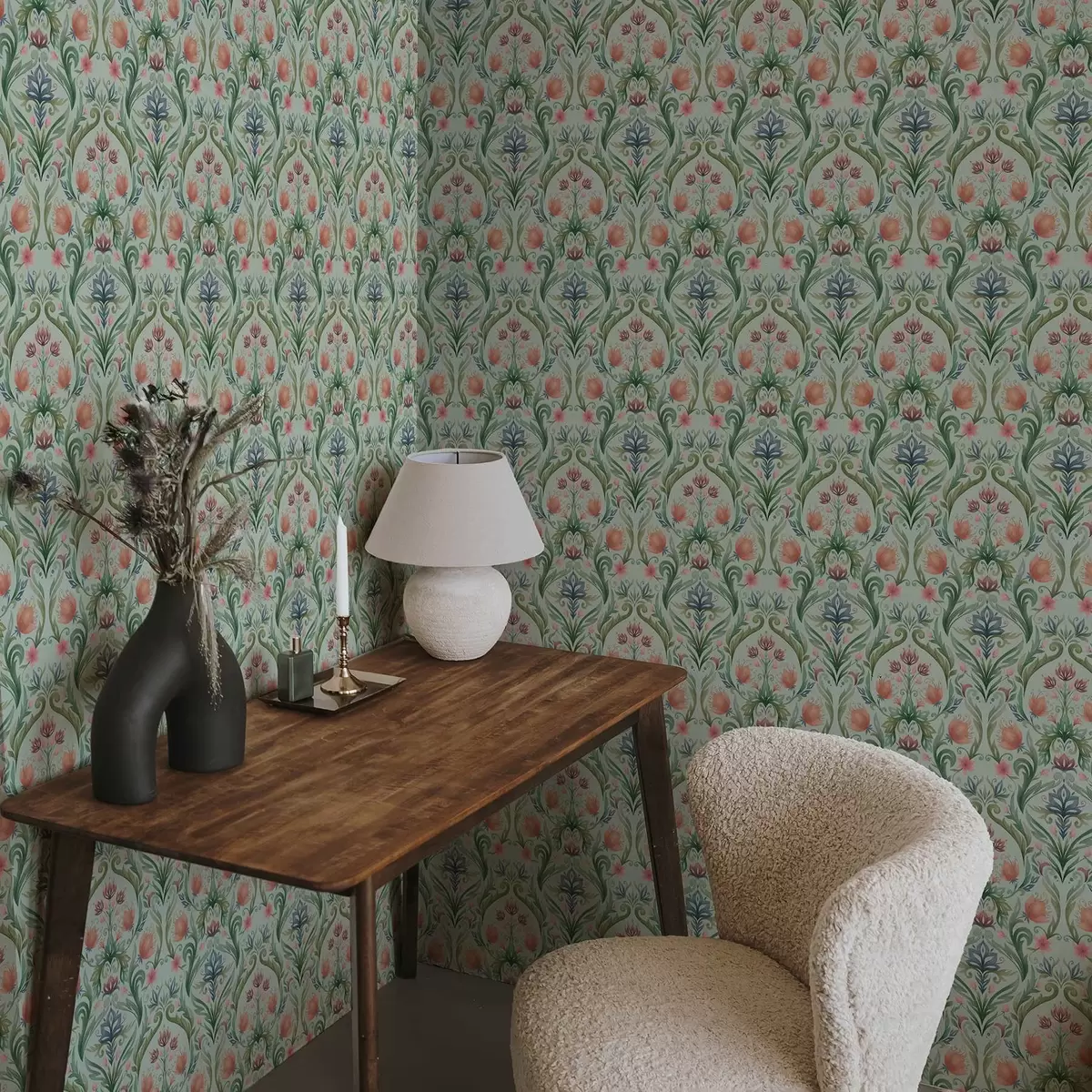 Ταπετσαρία Συμμετρικό floral μοτίβο, παλέτα χρωμάτων μέντας-κρέμας a00827v1