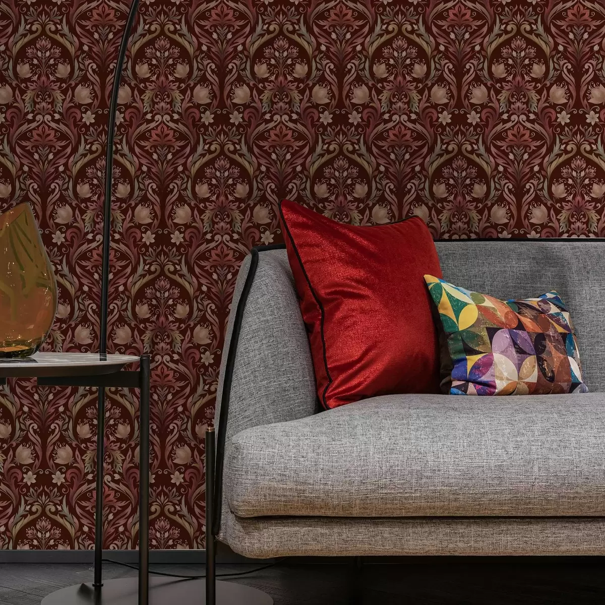 Ταπετσαρία Διακόσμηση με τουλίπες, πλούσιο μπορντό φόντο a00827v2